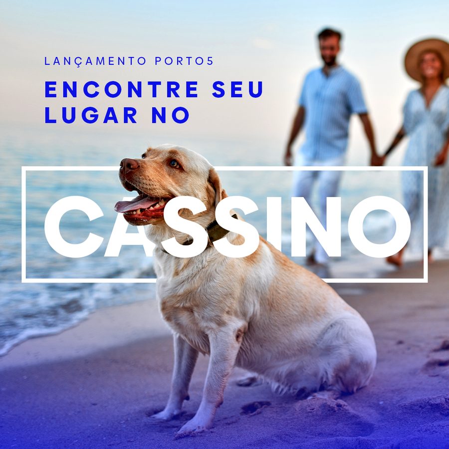Peça do lançamento Porto5, cachorro na praia e casal ao fundo.