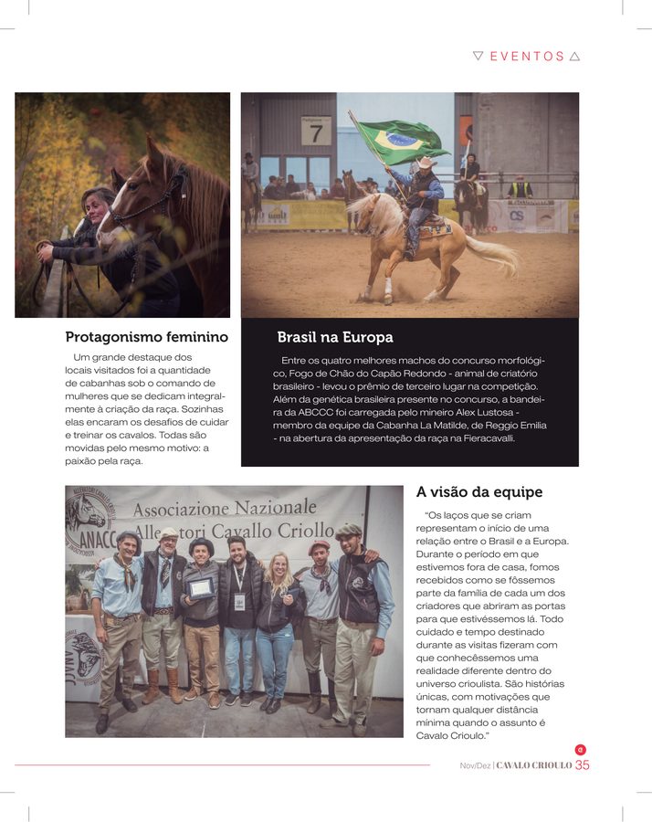 Página com os blocos Protagonismo feminino, Brasil na Europa e A visão da equipe.